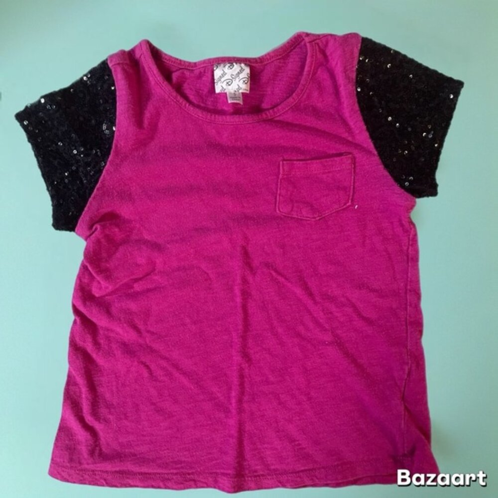 Girls Sz S Disney DSigned Black Sequin short-sleeved Pink pocket tee
